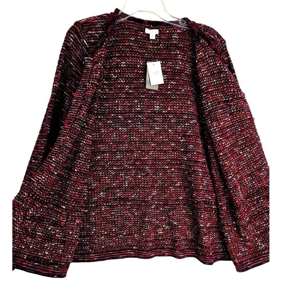 J.Jill NWT Large Tweed Cardigan‎ Sweater Multicolor Cranberry Fringe Boho #778